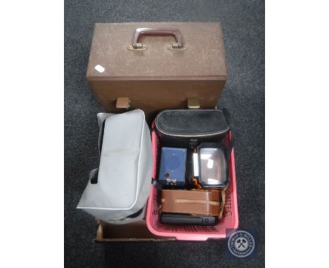 A box containing LP's, projector, cased binoculars, slide viewer etc 