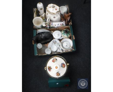 Two boxes of bread crock, storage jars, Japanese tea service, ship's decanter, figure of a horse, set of indoor carpet bowls 