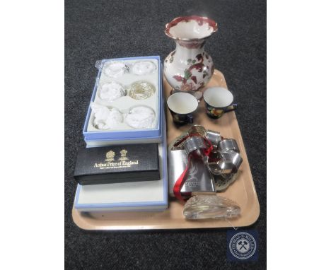 A tray of pair of Maling cups, Masons Mandalay red vase, hip flask, plated napkin rings, together with a lead crystal paperwe