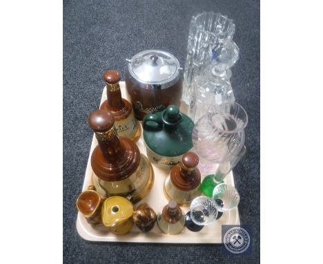 A tray of Wade Bells decanters, oak biscuit barrel, cut glass decanter, Caithness vase etc 