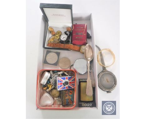 A box of assorted cons, Zippo lighter, pen knives, costume jewellery, Lucas No. 3 petrol item etc 