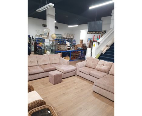 2 LARGE L SHAPED SOFAS TOGETHER WITH POUFFE WITH FIRE RESISTANT TAGS STILL ON