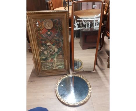 3 FRAMED ITEMS INC BEVELLED CIRCULAR GILT FRAMED MIRROR TOGETHER WITH ART NOUVEAU PRINT ETC