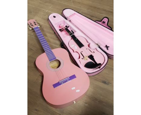 PINK BURSWOOD ACOUSTIC GUITAR AND PINK VIOLIN IN CASE