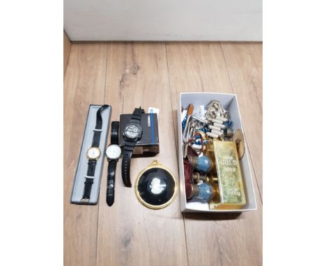 A BOX OF MISCELLANEOUS INC CASIO WATCH OPERA GLASSES ETC