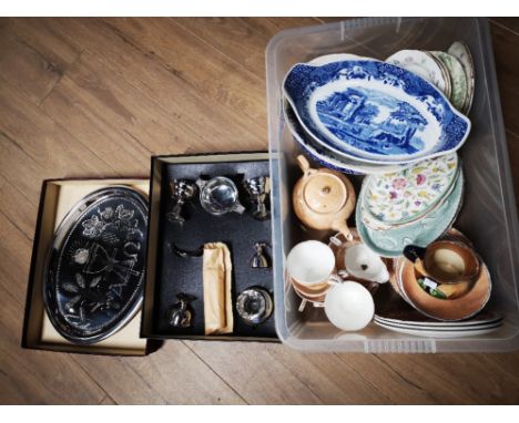 BOX OF CHINA INCLUDING THIRSK SPODE AND MINTON TOGETHER WITH TRAY AND BOWLS WITH RELIGIOUS THEME