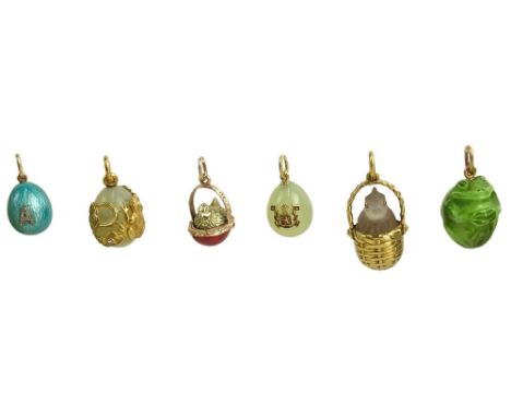 Collection of Six (6) Russian Faberge Miniature Easter Egg Pendants Including Five (5) 14 Karat Yellow Gold with Enamel; Guil
