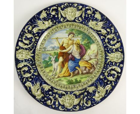 Very Large Vintage Italian Hand Painted Pottery Charger. Romantic Scene with Figural Rim. Good Condition. Measures 20-1/4 Inc
