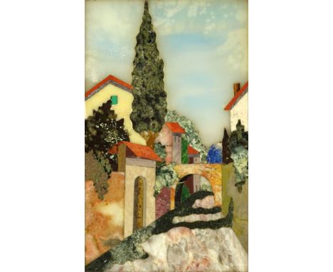 Vintage Italian Pietra Dura Plaque "Village Street" Label en verso "Il Mosaico di Firenze" or Otherwise Unsigned. Measures 8 