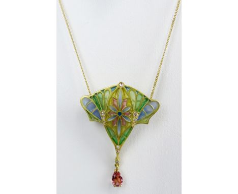Art Nouveau Design 18 Karat Yellow Gold and Plique a Jour Pendant/Brooch Accented with Small Round Cut Diamonds and Amethyst 