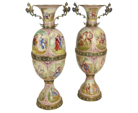 Stunning Pair of Late 19th Century Hermann Boehm Viennese Silver and Enamel Vases. Figural Enameled Griffin Handles. Finely P