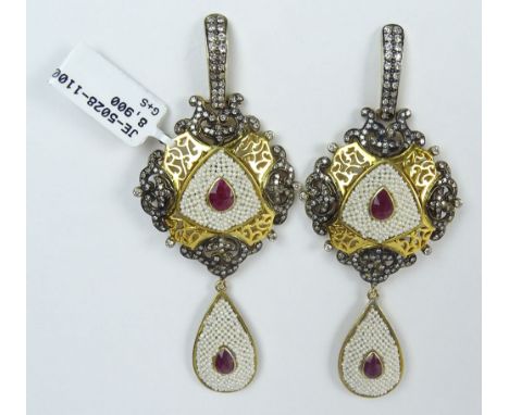 Modern Vintage Style Gold and Silver Ruby Seed Pearl Diamond filigree Dangle Earrings. Unsigned. Good Condition or Better. Me