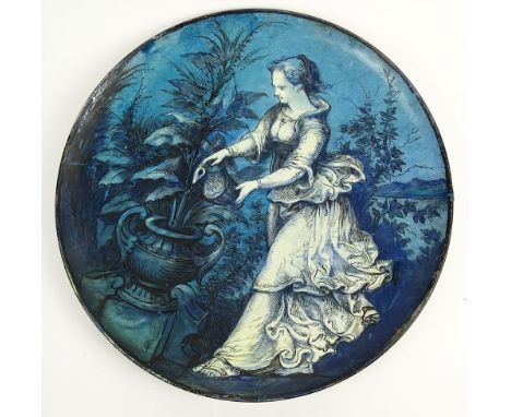 Very Large Vintage Italian Hand Painted Pottery Charger. Costumed Lady. Unsigned. Scratches and Wear. Measures 20 Inches. Shi