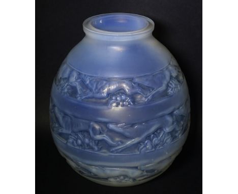 Rene Lalique Soudan Glass Opalescent Blue Patina Vase, Bands of Running Stags and Flowering Foliage on Ovoid Form. Engraved R