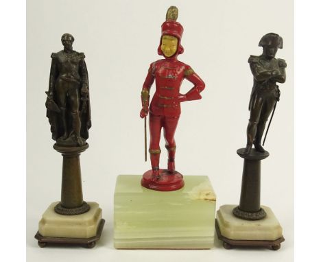 Lot of Three (3) Vintage Metal Soldier Figurines on Marble Bases. One Painted Lead with Composition Face. Unsigned. Measures 