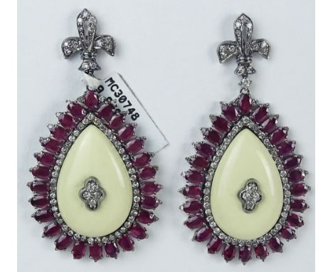 Victorian Style 9 Karat Gold Ruby Approx. 3.0 Carat Diamond Ivory Drop Earrings. Signed 375. Good Condition or Better. Measur