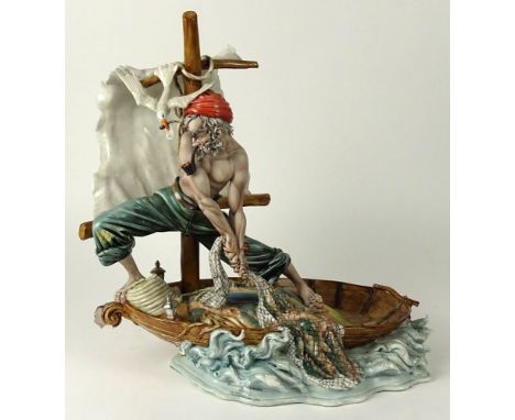 Vintage Italian Porcelain Fisherman Group. Signed "Pescatore Con Barca Sculptore Tiziano Galli Made in Italy, Deposee" Good C