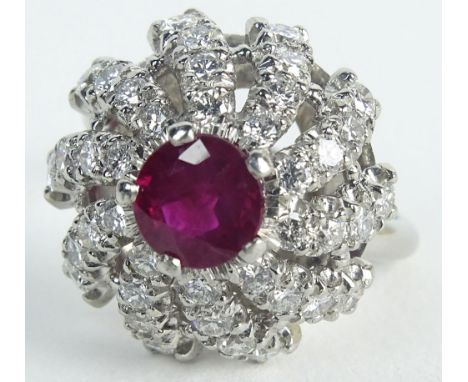 Lady's Approx. 2.5 Carat Mine Cut Diamond, 1.30 Carat Round Cut Ruby and Platinum Ring. Ruby with Vivid Saturation of Color. 