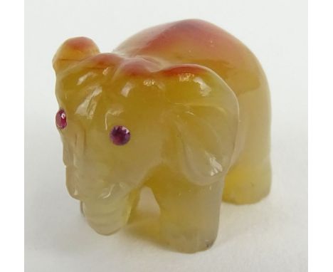 Russian Faberge Miniature Carved Agate Elephant with Inset Ruby Eyes. Fitted Box Signed Faberge. Good Condition or Better. Me