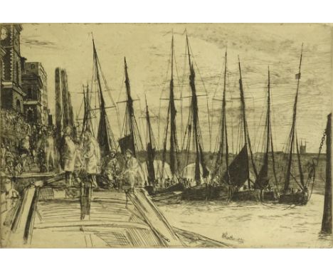 James Abbott McNeill Whistler, American (1834-1903) Etching "Billingsgate" Signed in Plate and Dated 1859. Descriptive Label 