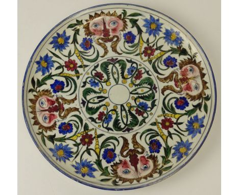 Vintage Hand Painted Hungarian Porcelain Charger. Signed with impressed mark en verso Miskolcz. Glaze Pops and Wear. Measures