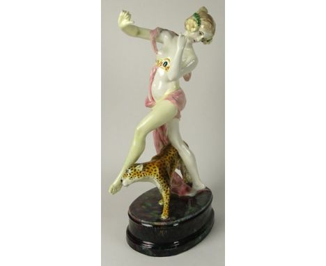 Large Goldscheider Porcelain Group "Deco Dancer With Cheetah"  Hand Decorated. Made In Austria. Restoration to Leg and Arm. M