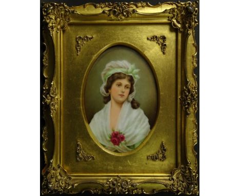 Vintage Hand Painted Porcelain Plaque "Girl With Roses" Unsigned. Plaque is loose from Frame or in Good Condition. Measures 5
