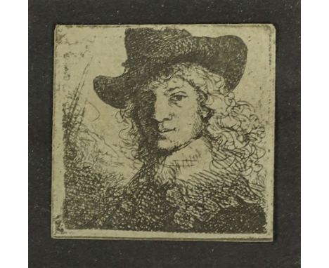 attributed to: Rembrandt van Rijn, Dutch (1606-1669) Etching "Man With Hat"  Unsigned. Good Condition. Measures 2 Inches by 2
