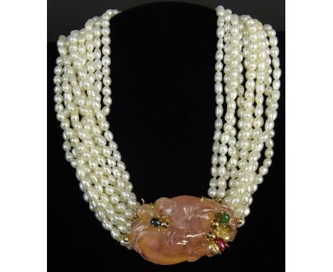 Vintage Ten (10) Strand Freshwater Pearl Necklace with 14 Karat Yellow Gold and Carved Rose Quartz Clasp. Unsigned. Pearls Me
