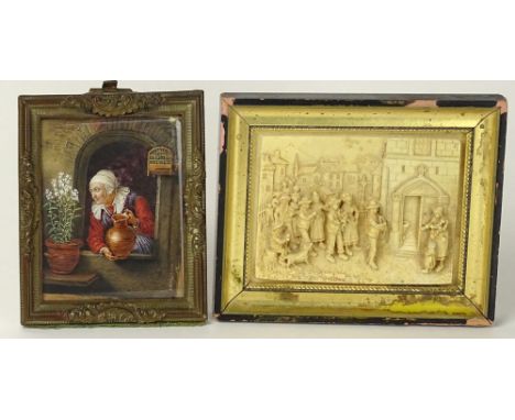 Two (2) Piece Lot: Antique Miniature Painting on Ivory "Watering The Flowers" Signed R. Krauss. Good Condition. Measures 4 In