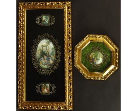 Two (2) Piece Vintage Printed Cloth "plaques" In Gilt Metal Frames set in Shadowbox Frames. Romantic Scenes. Unsigned. Good C