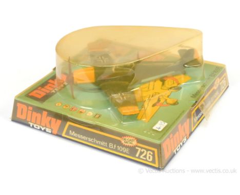 Dinky 726 Messerschmitt BF109E - drab green, yellow nose, wings and rear tail, light blue undercarriage, brown plastics - ove