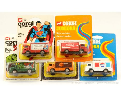 Corgi Juniors 50 "Superman" - Daily Planet Delivery Van - red; 80 "Marvel Comics" Delivery Truck - green; plus 3 x others inc