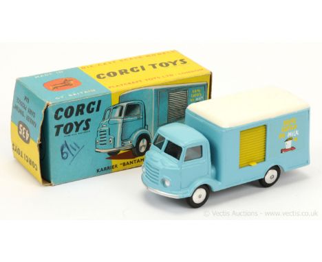 Corgi 435 Karrier Bantam Dairy Produce Van "Drive Safely On Milk" - light blue cab and back, white roof, silver trim, flat sp