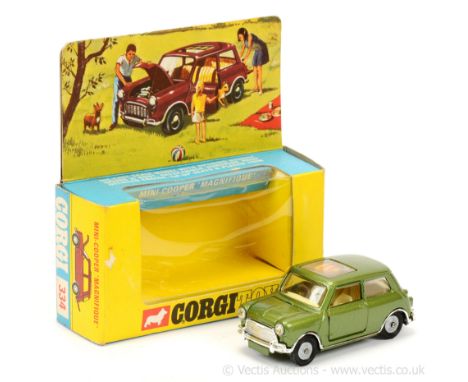 Corgi 334 Mini Cooper "Magnifique" - green body, red and yellow striped roof panel, cream interior, chrome trim, cast hubs - 