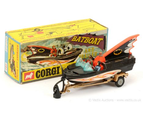 Corgi 107 "Batman" - Batboat on Trailer (1st issue) - black, tinplate fin, blue tinted windscreen with "Batman and Robin" fig