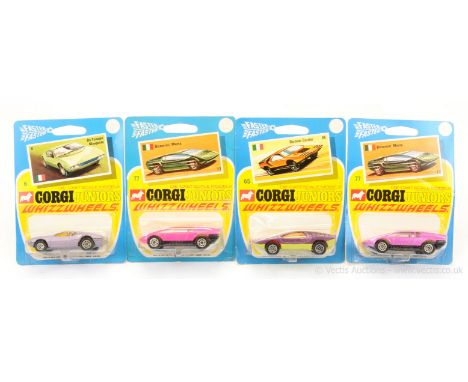 Corgi Juniors group to include 6 De Tomaso Mangusta - light metallic mauve, amber windows; 65 Bertone Carabo - purple, lime g