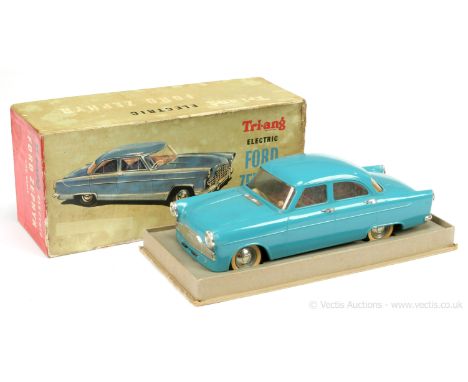 Triang (1/20th scale) plastic battery-operated Ford Zephyr Saloon - finished in deep turquoise, printed tartan interior, whit