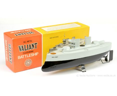 Sutcliffe tinplate clockwork "Valiant" Battleship - finished in two-tone grey, black, comes with separate mast, key and folde