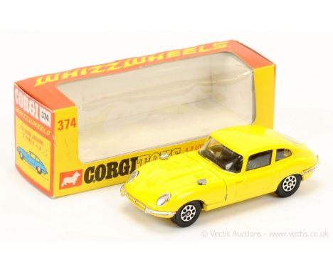 Corgi 374 Jaguar 4.2 Litre Type E - yellow body, black interior and exhaust, with side mirrors - Excellent Plus - beautiful e