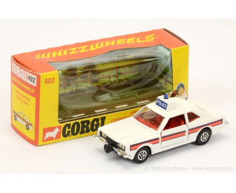 Corgi 402 Whizzwheels Ford Cortina "Police" Car - white body, red interior, black base, blue roof light - Near Mint (couple o