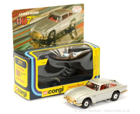 Corgi 271 "James Bond" Aston Martin DB5 (1/36 Scale) - silver, red interior with "James Bond" figure, deep gold front and rea