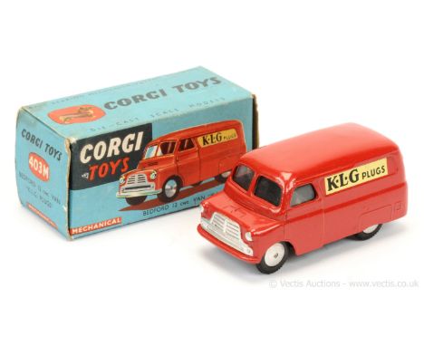 Corgi 405m Bedford "KLG Plugs" - red body, silver trim, flat spun hubs with treaded tyres, mechanical motor - Near Mint (coup