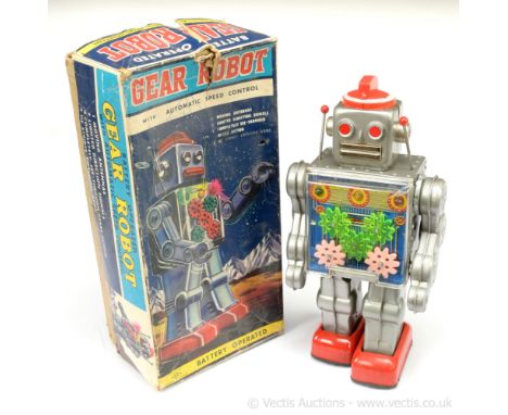 SH Toys (Horikawa Japan) tinplate and plastic battery‑operated Gear Robot ‑ finished in silver, red with illuminous green and