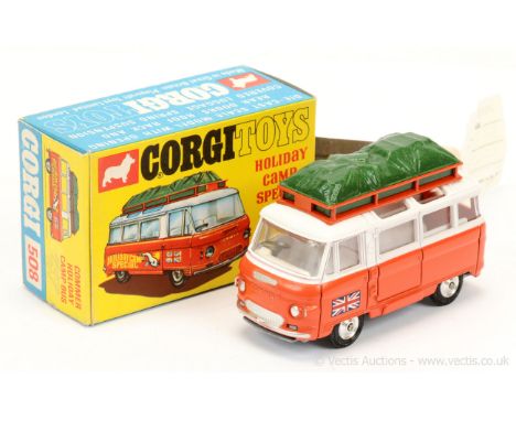 Corgi 508 Commer "Holiday Camp Special" - two-tone white including interior, orange, silver trim, spun hubs, green luggage co