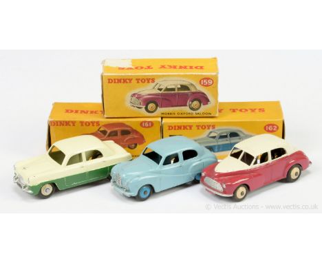 Dinky group to include 159 Morris Oxford Saloon - two-tone off white, cerise, light beige ridged hubs, silver trim; 161 Austi