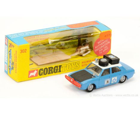 Corgi 302 Hillman Hunter "London To Sydney Marathon Winner" - blue body, black bonnet, white roof, grey interior, red plastic