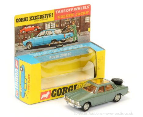 Corgi 275 Rover 2000TC - green body, amber roof panel, brown interior, chrome trim, golden jacks take-off wheels with a tinge