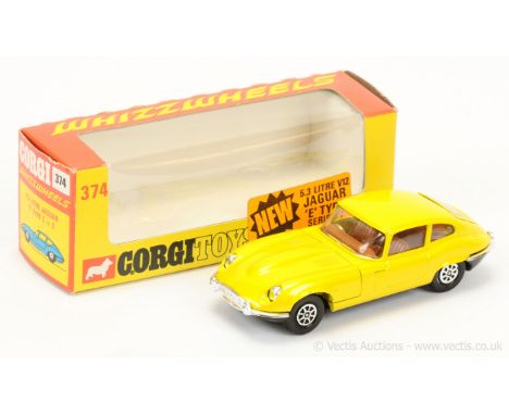 Corgi 374 Whizzwheels Jaguar 5.3 Litre V12 Type E - later issue without side mirrors finished in pearlescent yellow, brown in