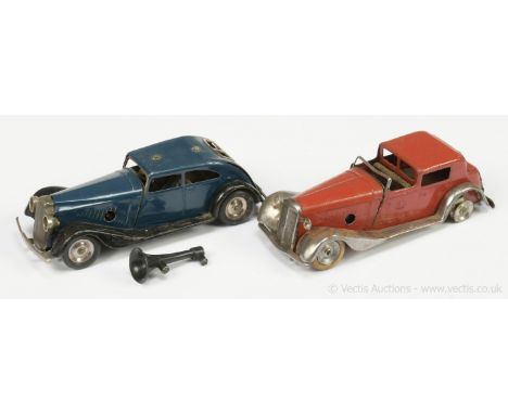Triang Minic clockwork tinplate pair (1) 29M Traffic Car - dark blue, chrome wheels, black chassis and roof speaker, with fig